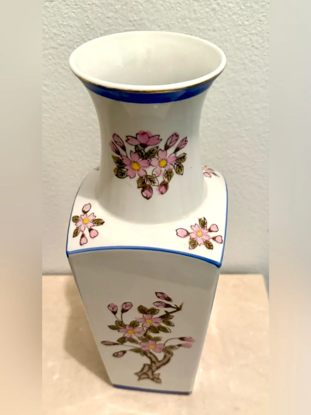 Japanese 12.25” vase. White porcelain hand-painted cherry blossoms & gold rim.
